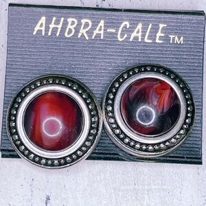 123u. Ahbra-Cale Red and Pewtertone CLIP Earrings